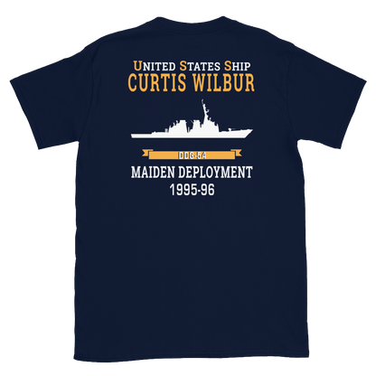 USS Curtis Wilbur (DDG-54) 1995-96 MAIDEN DEPLOYMENT Short-Sleeve Unisex T-Shirt – back view, navy