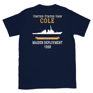 USS Cole (DDG-67) 1998 MAIDEN DEPLOYMENT Short-Sleeve Unisex T-Shirt – back view, navy
