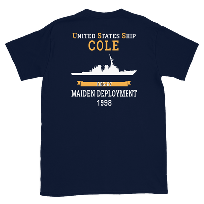 USS Cole (DDG-67) 1998 MAIDEN DEPLOYMENT Short-Sleeve Unisex T-Shirt – back view, navy