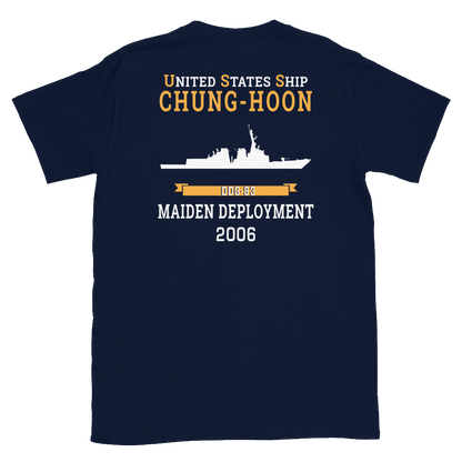 USS Chung-Hoon (DDG-93) 2006 MAIDEN DEPLOYMENT Short-Sleeve Unisex T-Shirt – back view, navy