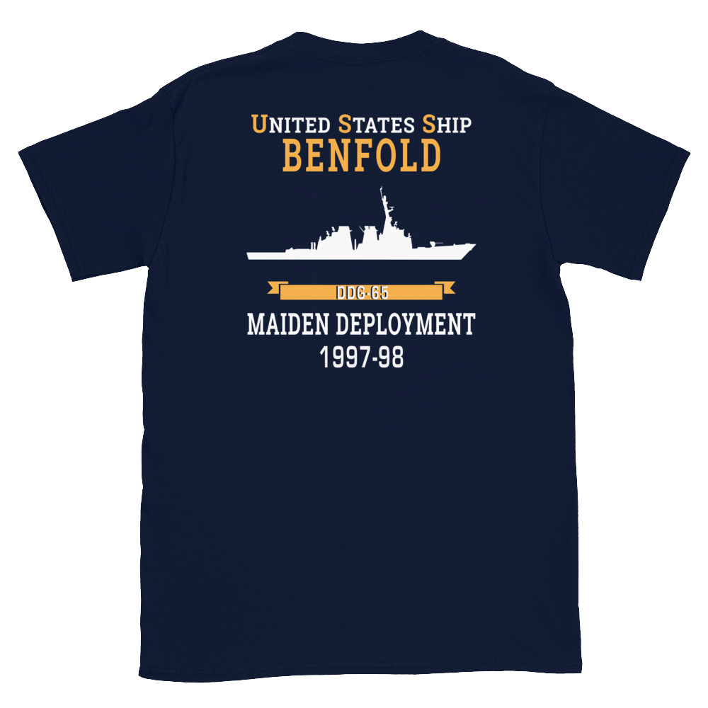 USS Benfold (DDG-65) 1997-98 MAIDEN DEPLOYMENT Short-Sleeve Unisex T-Shirt – back view, navy