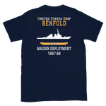 USS Benfold (DDG-65) 1997-98 MAIDEN DEPLOYMENT Short-Sleeve Unisex T-Shirt – back view, navy