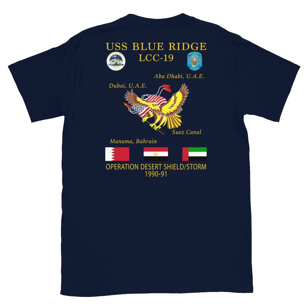 USS Blue Ridge (LCC-19) 1990-91 ODS/S Cruise Shirt – back view, navy