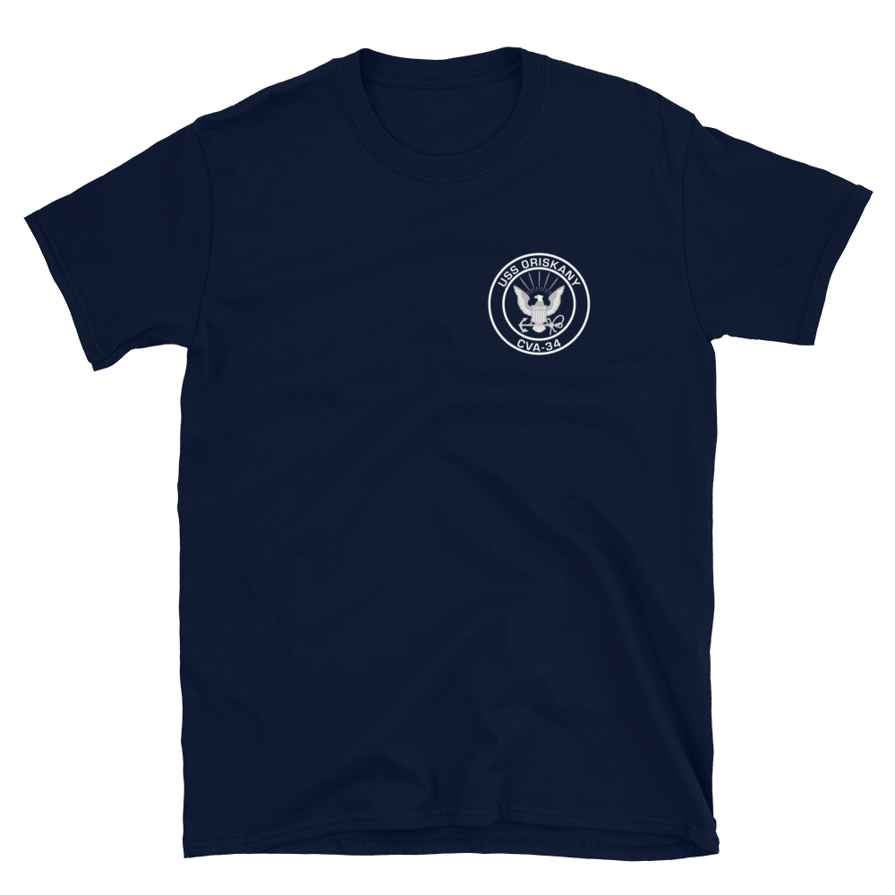 USS Oriskany (CVA-34) 1963-64 WESTPAC Short-Sleeve Unisex T-Shirt – front view, navy