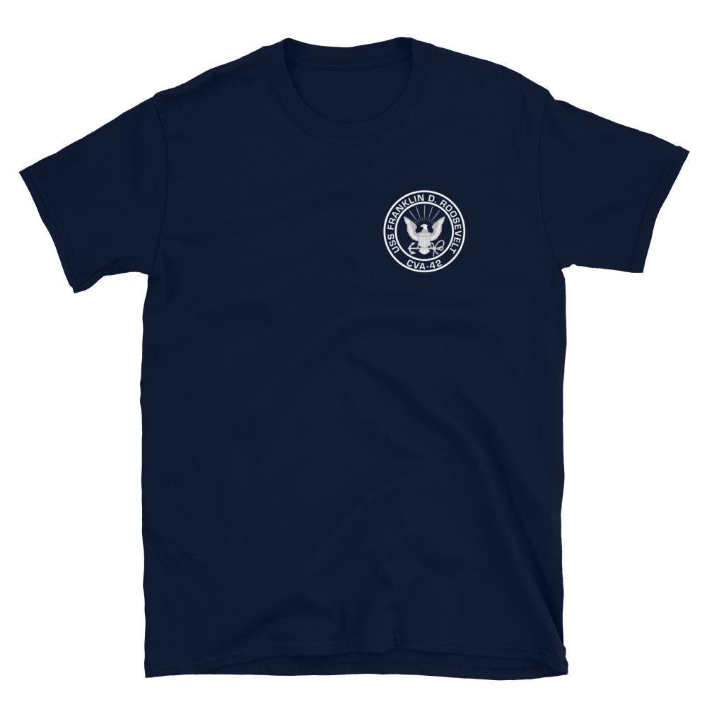 USS Franklin D. Roosevelt (CVA-42) 1962-63 MED CRUISE Short-Sleeve Unisex T-Shirt – front view, navy