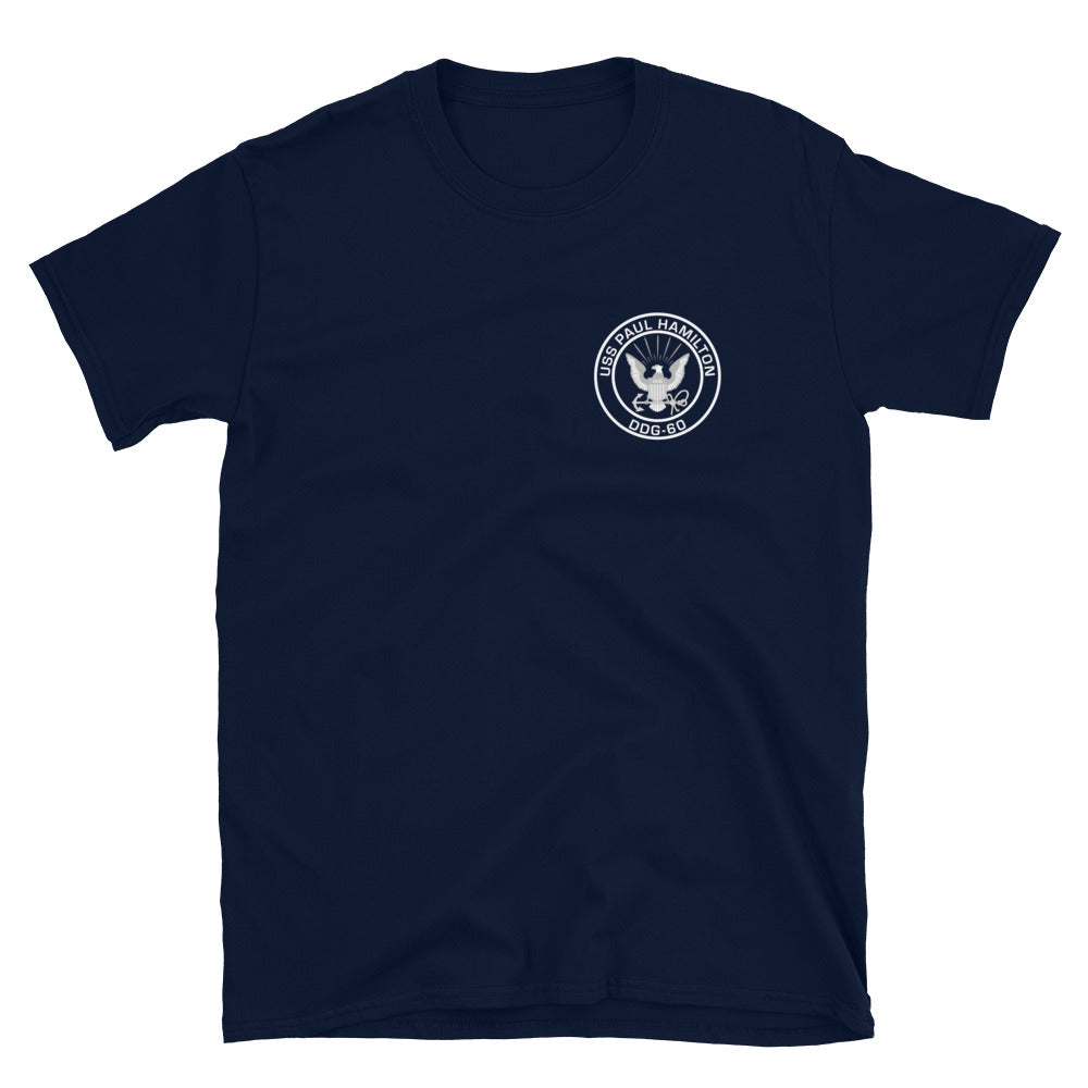 USS Paul Hamilton (DDG-60) 1996-97 MAIDEN DEPLOYMENT Short-Sleeve Unisex T-Shirt – front view, navy