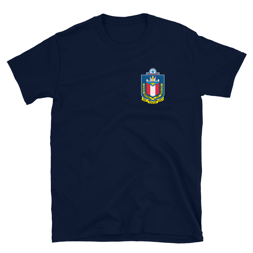 USS Austin (LPD-4) 2002-03 Cruise Shirt – front view, navy