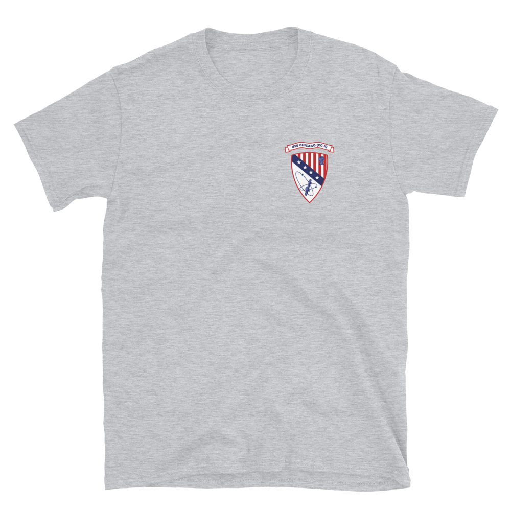 USS Chicago (CG-11) Ship's Crest T-Shirt - Blue – front view, grey