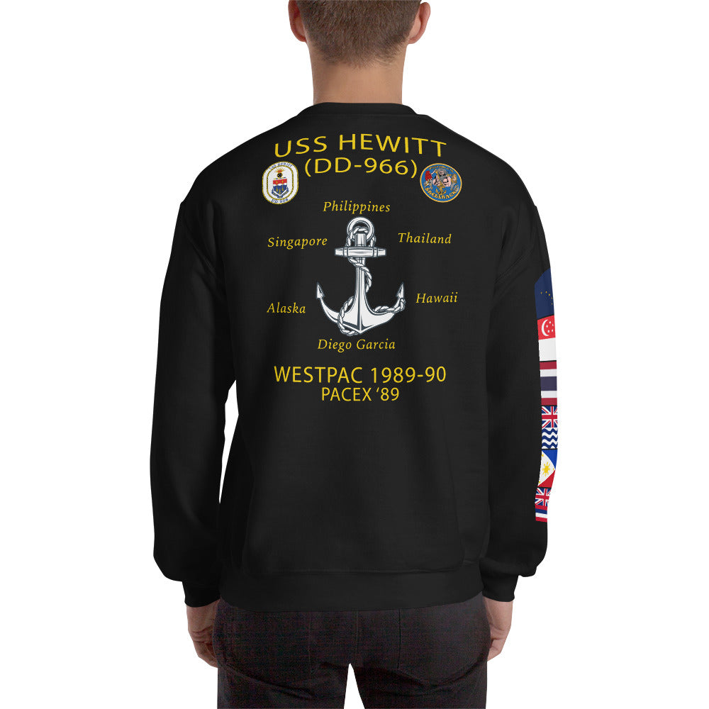 USS Hewitt (DD-966) 1989-90 Cruise Sweatshirt - FLAGS ON SLEEVE – black