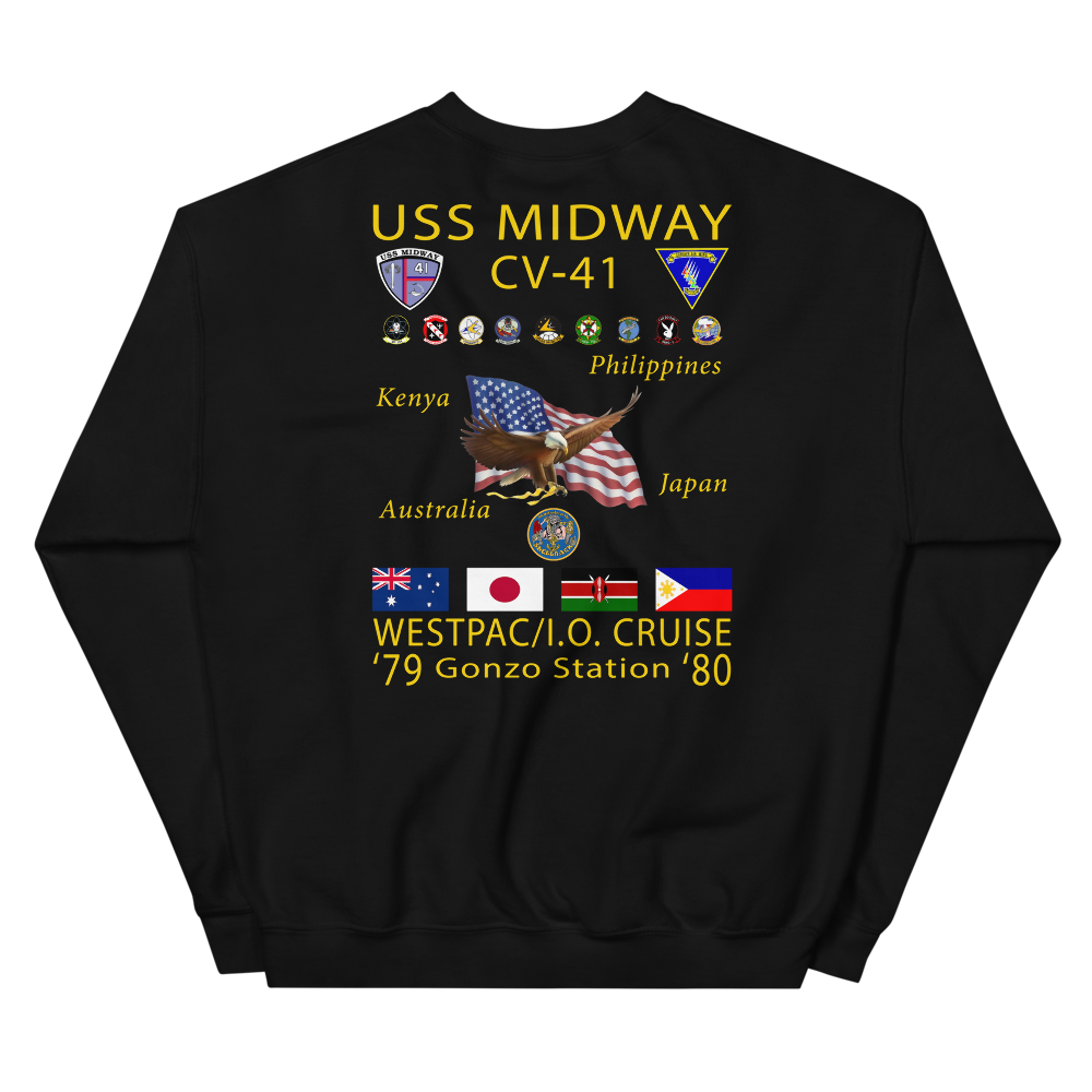 USS Midway (CV-41) 1979-80 Cruise Sweatshirt with Persian Gulf Yacht Club – black