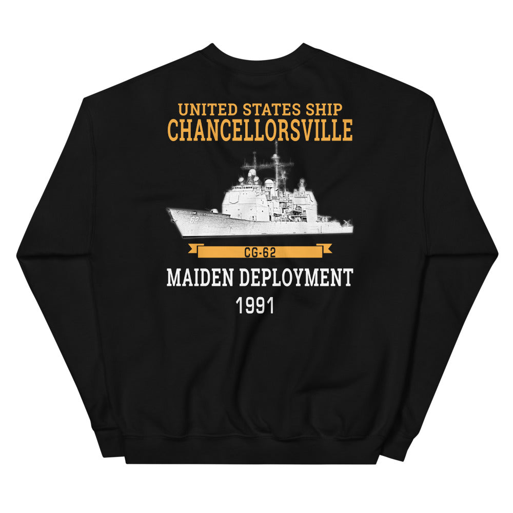 USS Chancellorsville (CG-62) 1991 Maiden Deployment Sweatshirt – back view, black