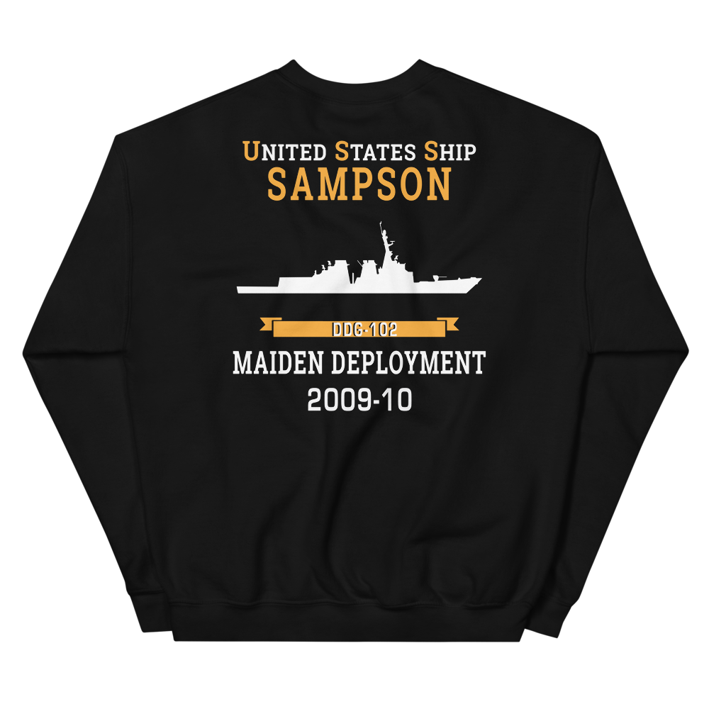 USS Sampson (DDG-102) 2009-10 MAIDEN DEPLOYMENT Unisex Sweatshirt – back view, black