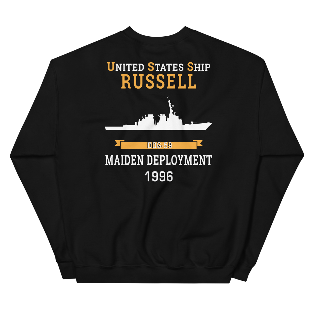 USS Russell (DDG-59) 1996 MAIDEN DEPLOYMENT Unisex Sweatshirt – back view, black