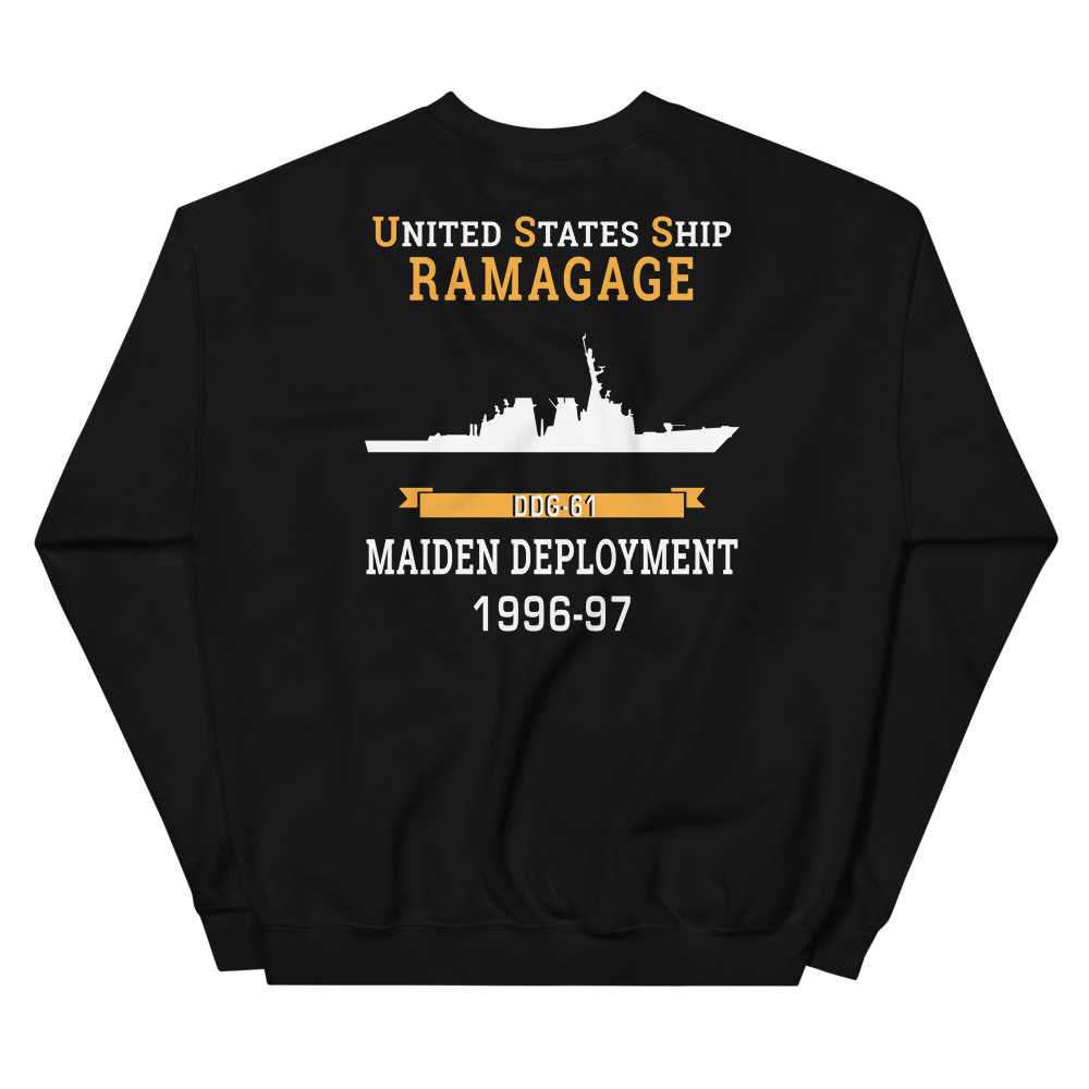 USS Ramage (DDG-61) 1996-97 MAIDEN DEPLOYMENT Unisex Sweatshirt – back view, black