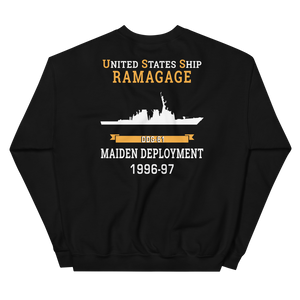 USS Ramage (DDG-61) 1996-97 MAIDEN DEPLOYMENT Unisex Sweatshirt – back view, black