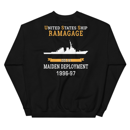USS Ramage (DDG-61) 1996-97 MAIDEN DEPLOYMENT Unisex Sweatshirt – back view, black