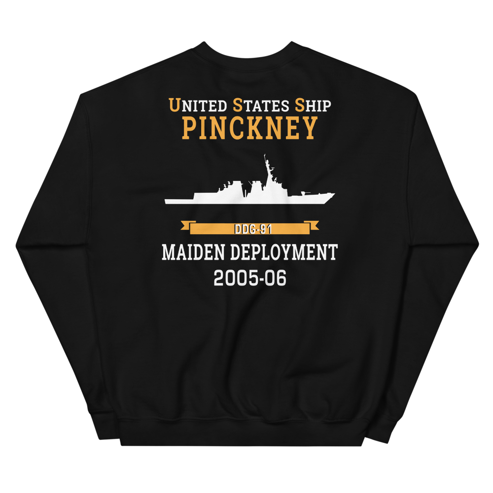 USS Pinckney (DDG-91) 2005-06 MAIDEN DEPLOYMENT Unisex Sweatshirt – back view, black