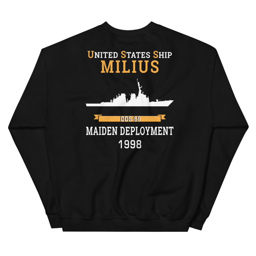 USS Milius (DDG-69) 1998 MAIDEN DEPLOYMENT Unisex Sweatshirt – back view, black