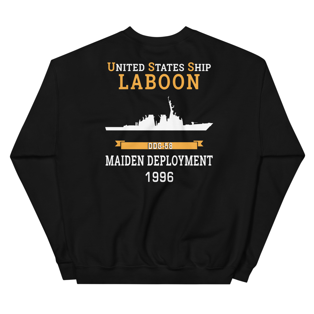 USS Laboon (DDG-58) 1996 MAIDEN DEPLOYMENT Unisex Sweatshirt – back view, black