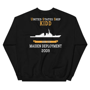 USS Kidd (DDG-100) 2009 MAIDEN DEPLOYMENT Unisex Sweatshirt – back view, black