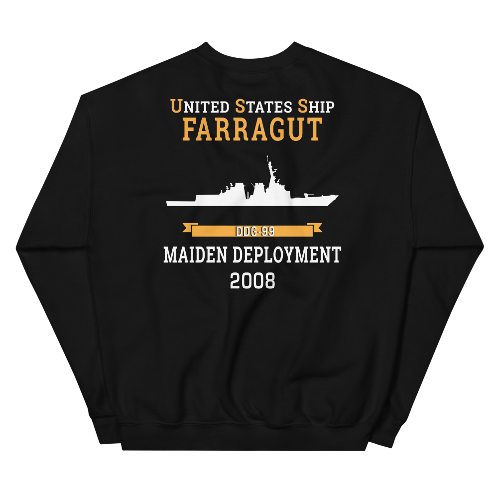 USS Farragut (DDG-99) 2008 MAIDEN DEPLOYMENT Unisex Sweatshirt – back view, black