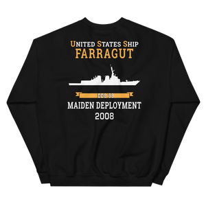 USS Farragut (DDG-99) 2008 MAIDEN DEPLOYMENT Unisex Sweatshirt – back view, black