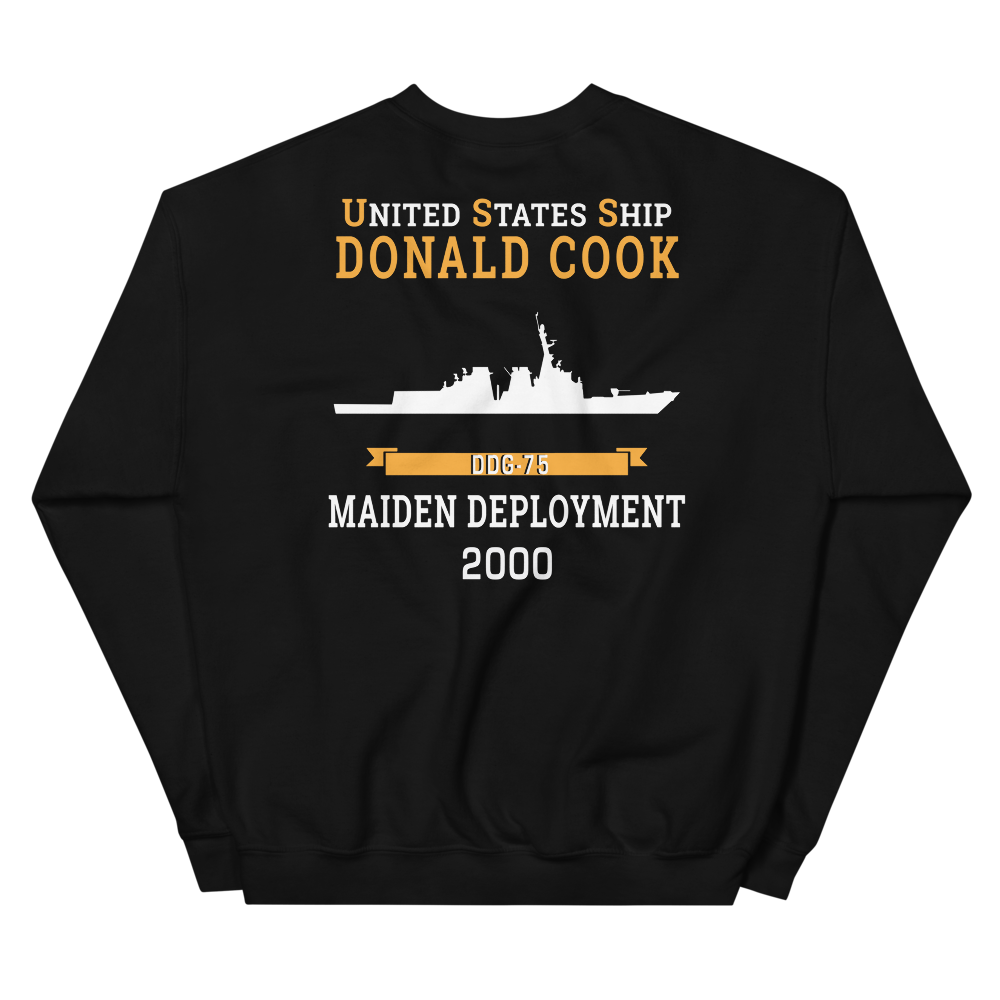 USS Donald Cook (DDG-75) 2000 MAIDEN DEPLOYMENT Unisex Sweatshirt – back view, black