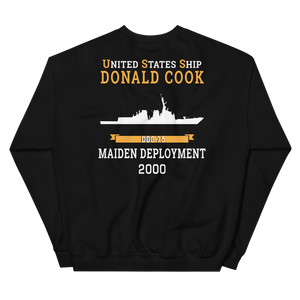 USS Donald Cook (DDG-75) 2000 MAIDEN DEPLOYMENT Unisex Sweatshirt – back view, black