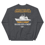 USS Chancellorsville (CG-62) 1991 Maiden Deployment Sweatshirt – back view, heather