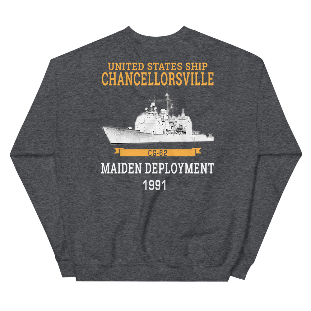 USS Chancellorsville (CG-62) 1991 Maiden Deployment Sweatshirt – back view, heather