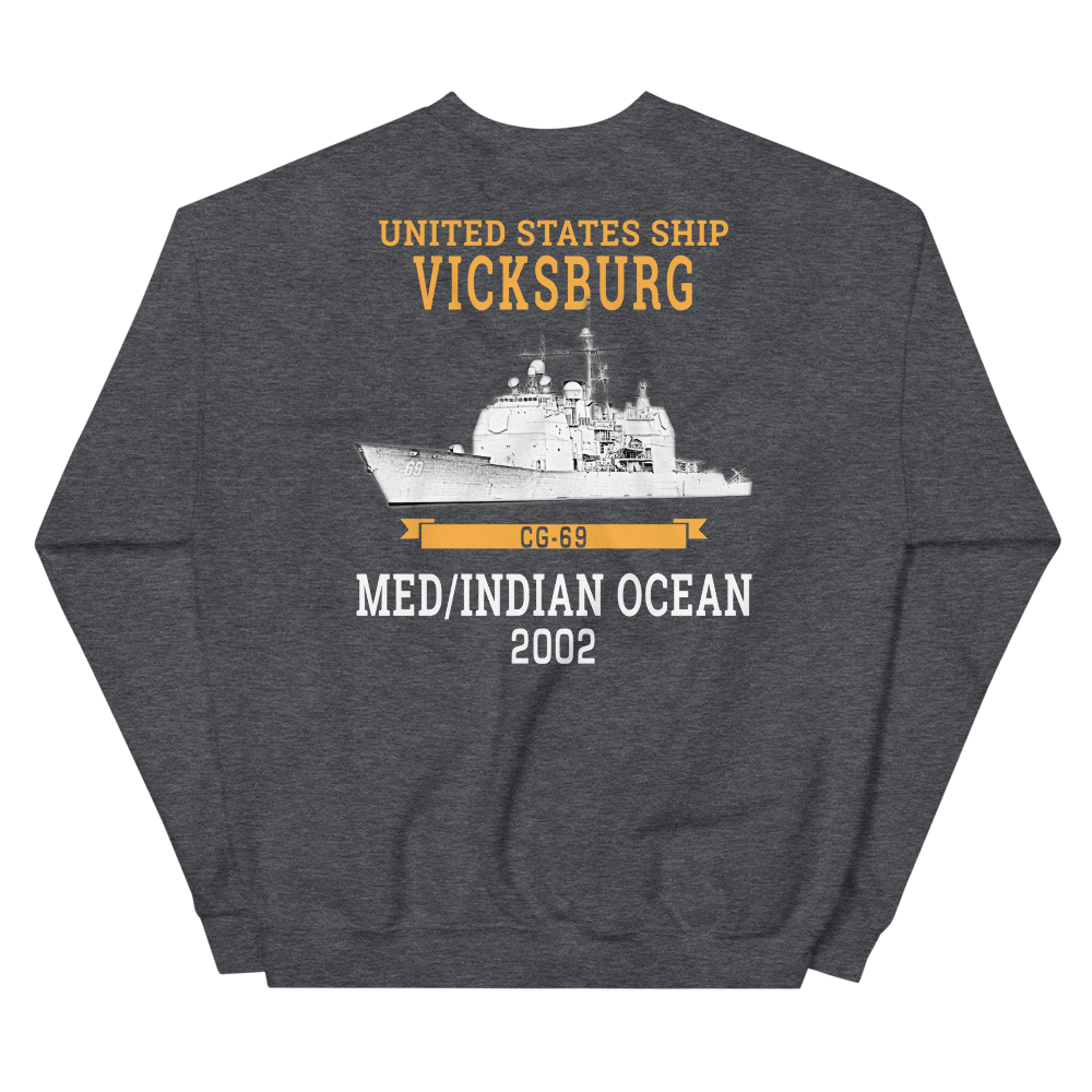 USS Vicksburg (CG-69) 2002 MED/IO Unisex Sweatshirt – back view, heather