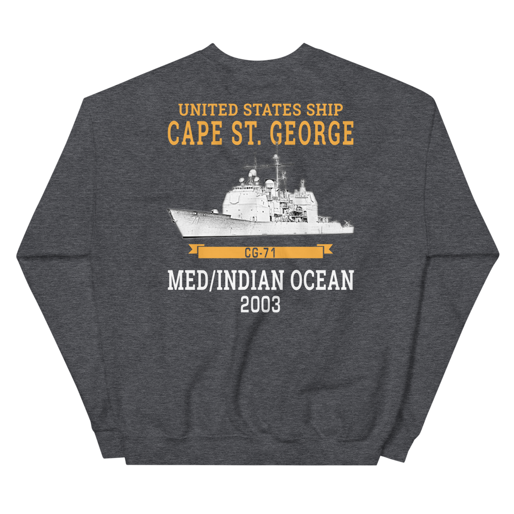 USS Cape St. George (CG-71) 2003 MED/IO Unisex Sweatshirt – back view, heather