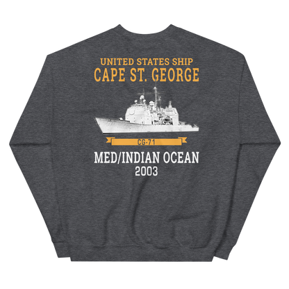 USS Cape St. George (CG-71) 2003 MED/IO Unisex Sweatshirt – back view, heather