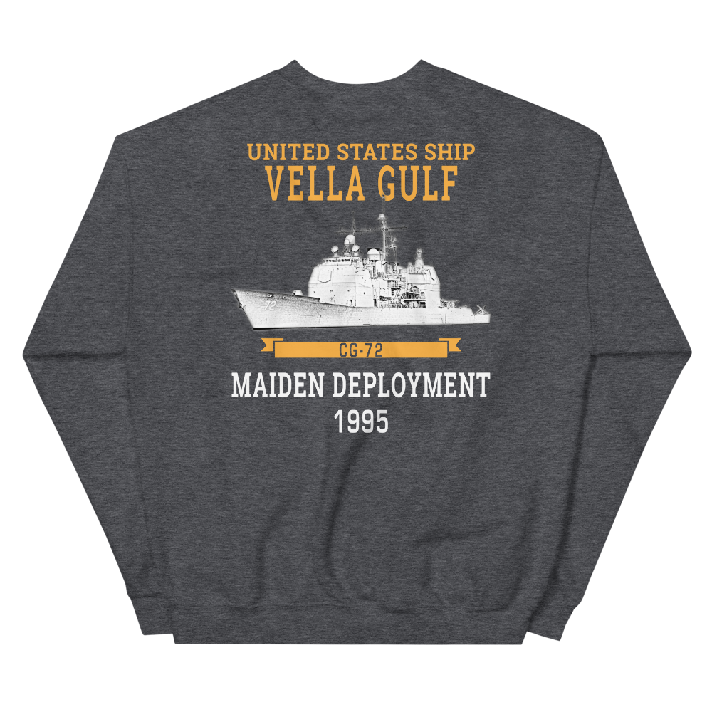 USS Vella Gulf (CG-72) 1995 Maiden Deployment Unisex Sweatshirt – back view, heather