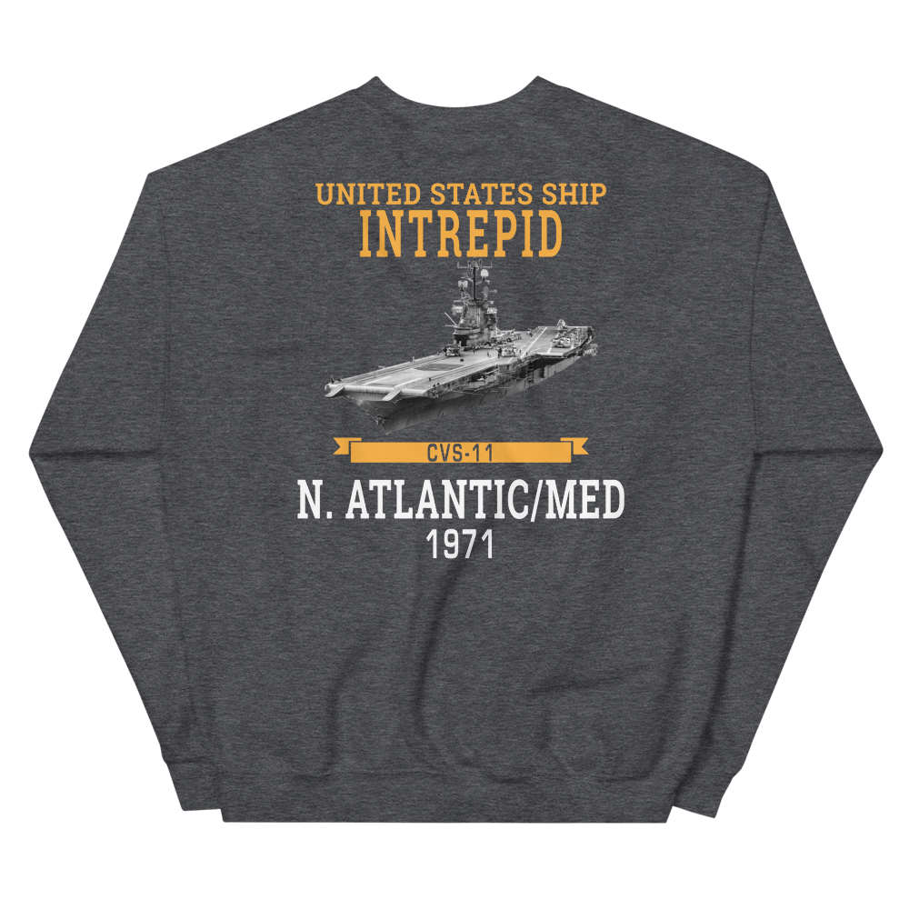 USS Intrepid (CVS-11) 1971 N.Atlantic/MED Sweatshirt – back view, heather