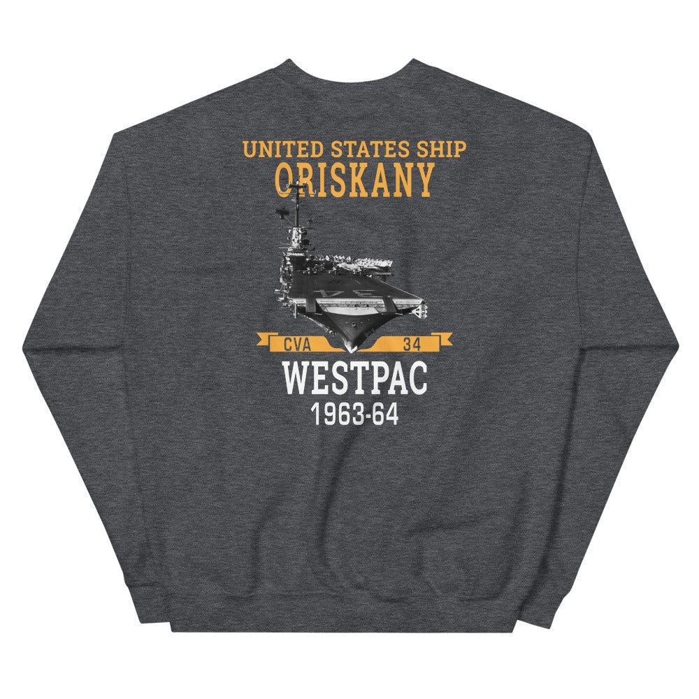 USS Oriskany (CVA-34) 1963-64 WESTPAC Unisex Sweatshirt – back view, heather