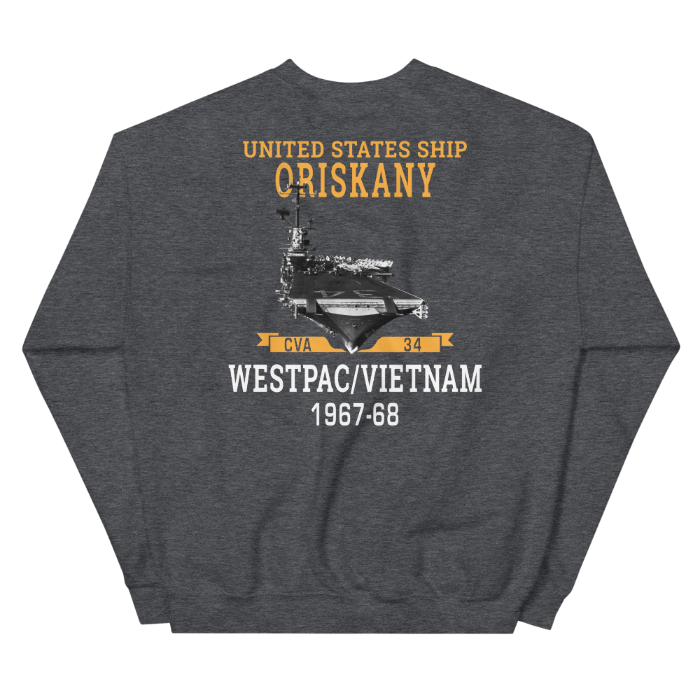 USS Oriskany (CVA-34) 1967-68 WESTPAC/VIETNAM Unisex Sweatshirt – back view, heather