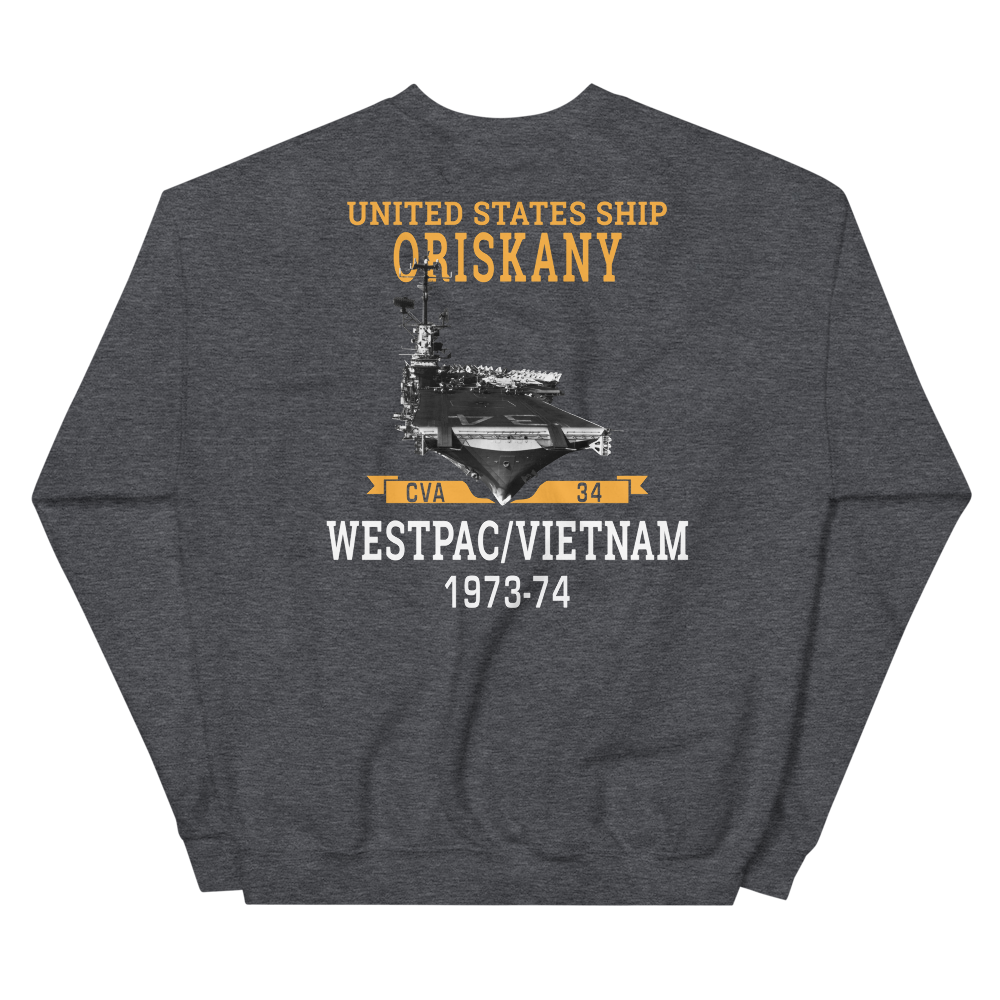 USS Oriskany (CVA-34) 1973-74 WESTPAC/VIETNAM Unisex Sweatshirt – back view, heather