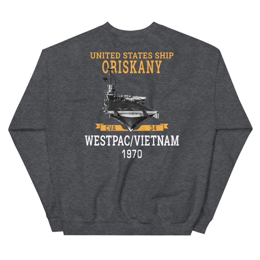 USS Oriskany (CVA-34) 1970 WESTPAC/VIETNAM Unisex Sweatshirt – back view, heather