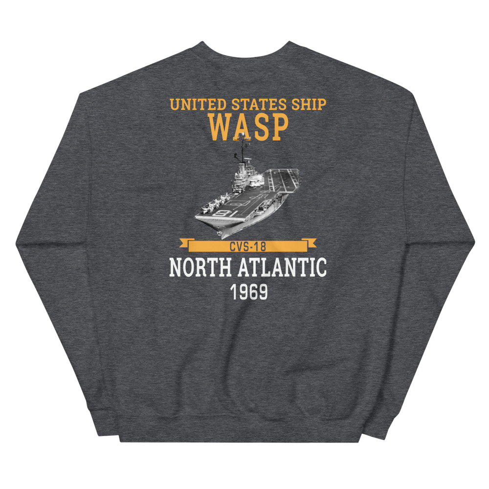 USS Wasp (CVS-18) 1969 N. ATLANTIC Unisex Sweatshirt – back view, heather