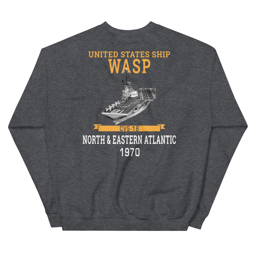 USS Wasp (CVS-18) 1970 N. & EASTERN ATLANTIC Unisex Sweatshirt – back view, heather