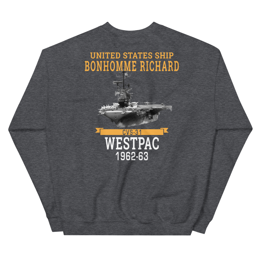 USS Bonhomme Richard (CVS-31) 1962-63 WESTPAC Unisex Sweatshirt – back view, heather