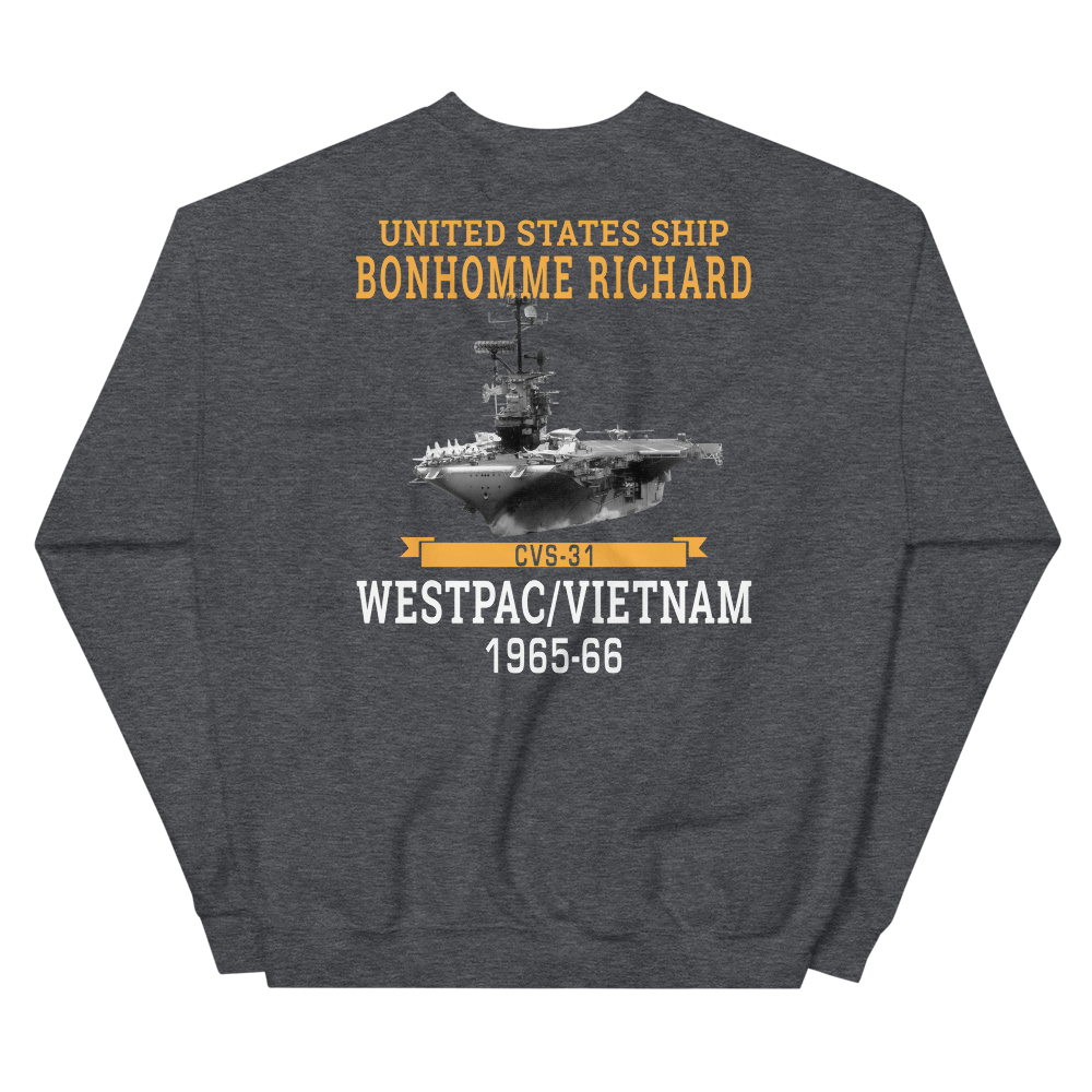USS Bonhomme Richard (CVS-31) 1965-66 WESTPAC/VIETNAM Unisex Sweatshirt – back view, heather