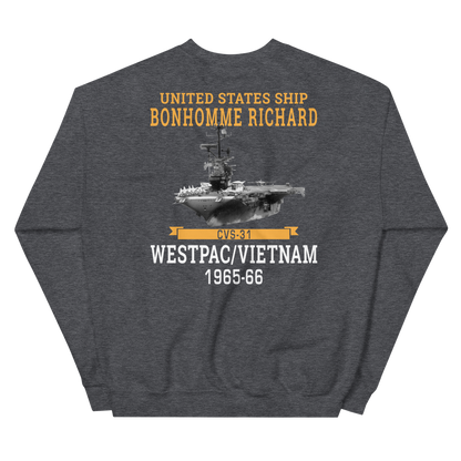 USS Bonhomme Richard (CVS-31) 1965-66 WESTPAC/VIETNAM Unisex Sweatshirt – back view, heather