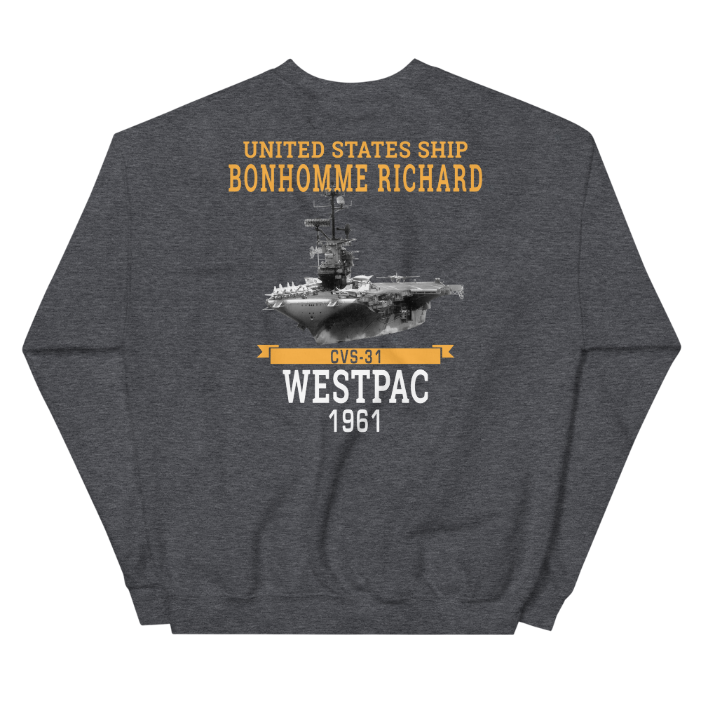 USS Bonhomme Richard (CVS-31) 1961 WESTPAC Unisex Sweatshirt – back view, heather