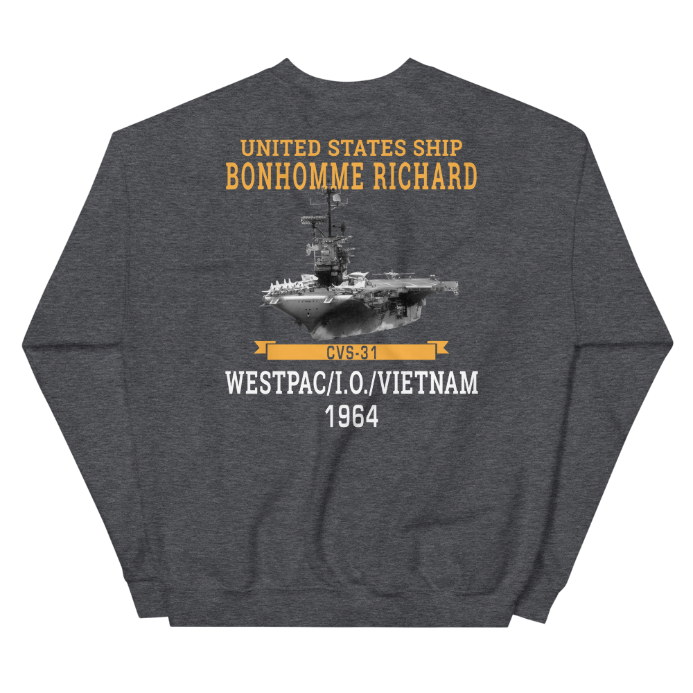 USS Bonhomme Richard (CVS-31) 1964 WESTPAC/VIETNAM Unisex Sweatshirt – back view, heather