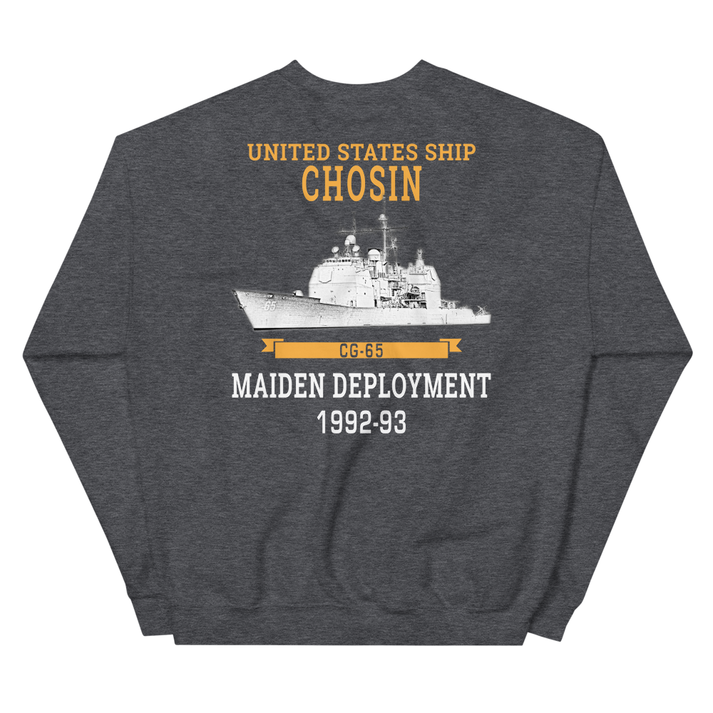 USS Chosin (CG-65) 1992-93 Maiden Deployment Unisex Sweatshirt – back view, heather