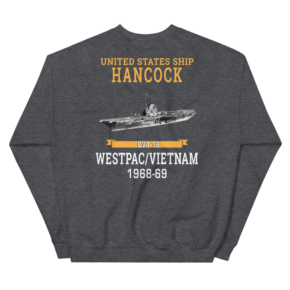 USS Hancock (CVA-19) 1968-69 WESTPAC/VIETNAM Unisex Sweatshirt – back view, heather
