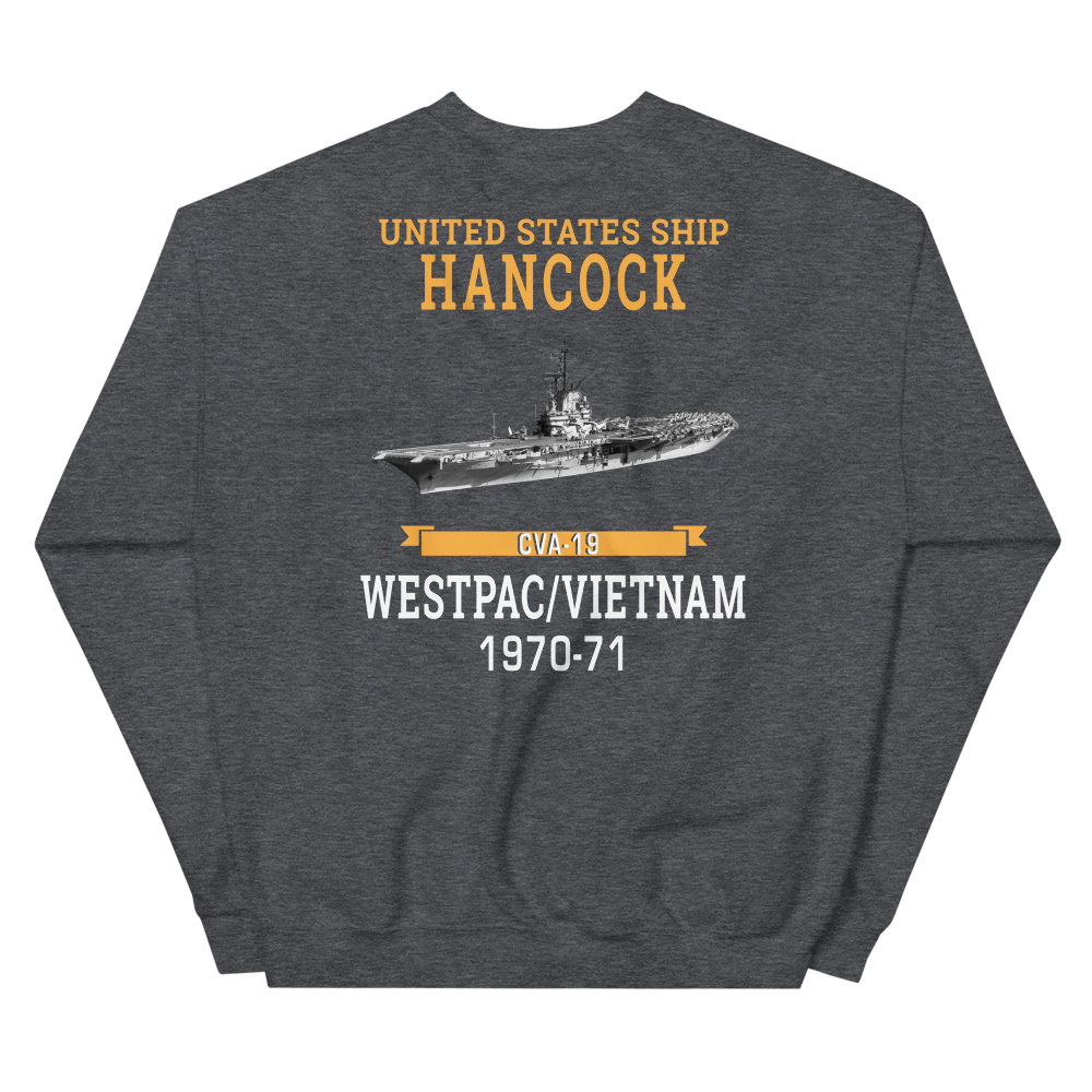 USS Hancock (CVA-19) 1970-71 WESTPAC/VIETNAM Unisex Sweatshirt – back view, heather