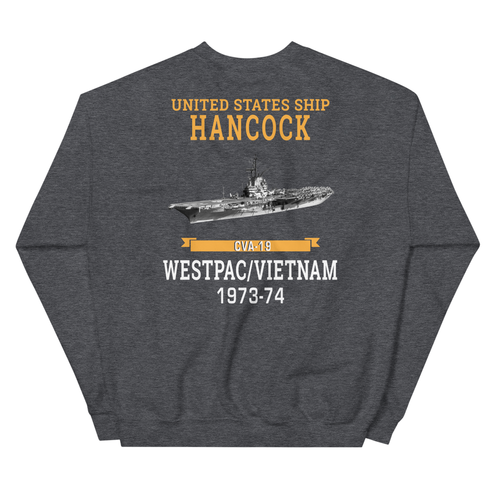 USS Hancock (CVA-19) 1973-74 WESTPAC/VIETNAM Unisex Sweatshirt – back view, heather